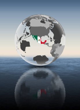 Meksika bayrağı su üstünde yarı saydam küre ile. 3D çizim.