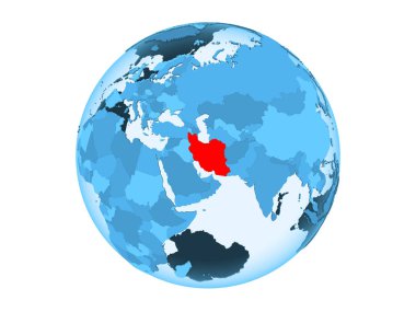 Iran kırmızı şeffaf okyanuslar ile mavi siyasi dünya üzerinde vurgulanır. 3d illüstrasyon izole beyaz arka plan üzerinde.