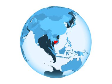 Kamboçya kırmızı şeffaf okyanuslar ile mavi siyasi dünya üzerinde vurgulanır. 3d illüstrasyon izole beyaz arka plan üzerinde.