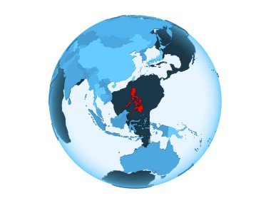 Filipinler kırmızı şeffaf okyanuslar ile mavi siyasi dünya üzerinde vurgulanır. 3d illüstrasyon izole beyaz arka plan üzerinde.