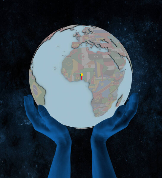 Benin with flag on globe in hands in space. 3D illustration.