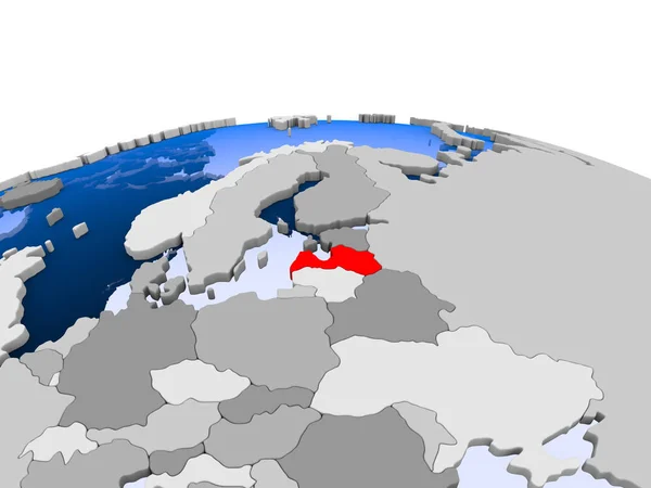 拉脱维亚以红色在政治世界上以透明的海洋突出显示 — 图库照片