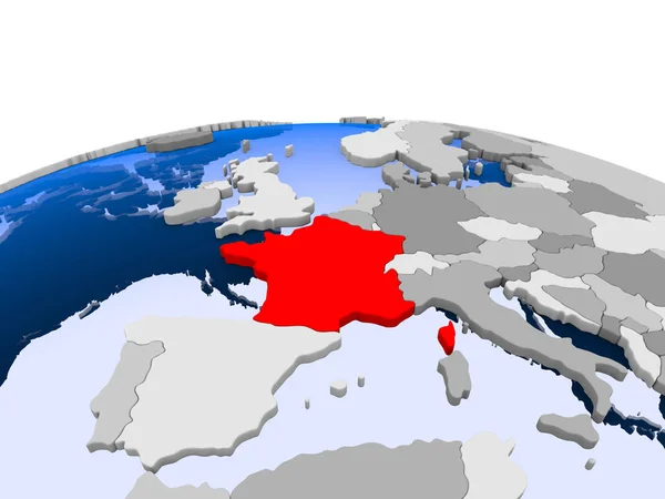 法国以红色在政治世界上以透明的海洋突出显示 — 图库照片