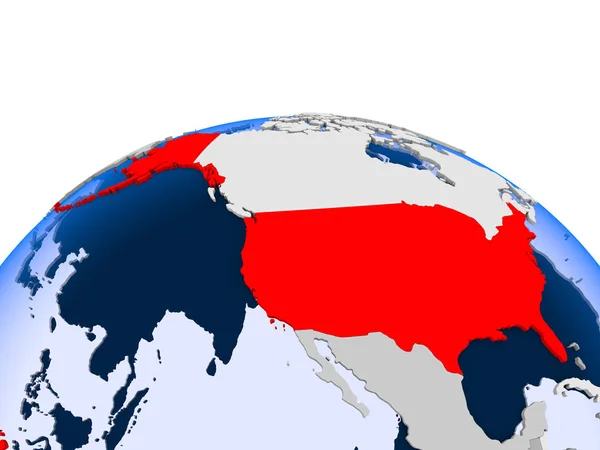 美国以红色在政治地球上以透明的海洋突出显示 — 图库照片