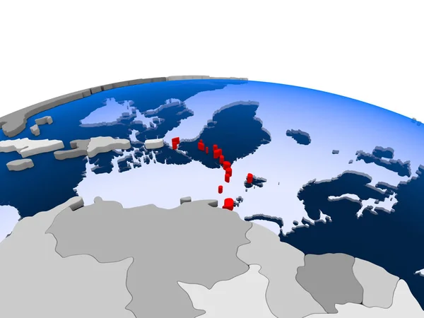 Karibská Oblast Zvýrazněna Červeně Politické Globe Transparentní Oceány Obrázek — Stock fotografie