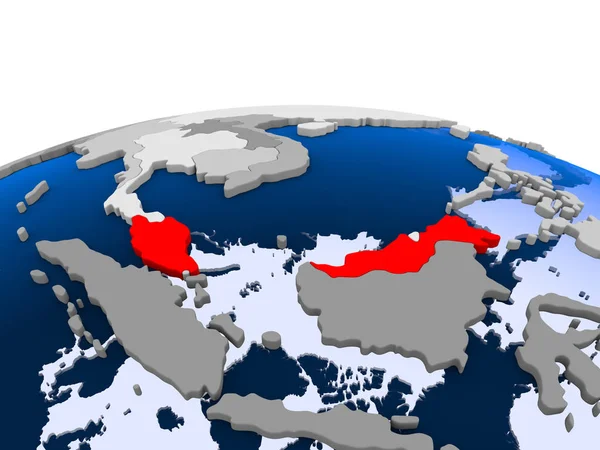 马来西亚用红色突出显示了具有透明海洋的政治世界 — 图库照片
