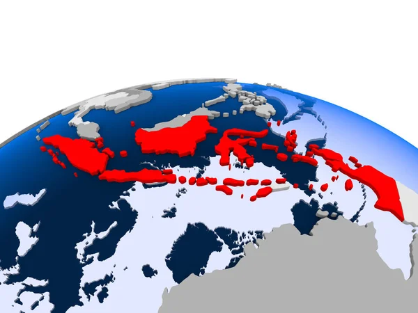 Indonesien Rot Hervorgehoben Auf Einem Politischen Globus Mit Transparenten Ozeanen — Stockfoto