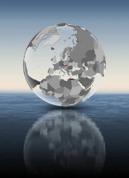 捷克共和国 水面上半透明的地球仪上有旗帜 — 图库照片