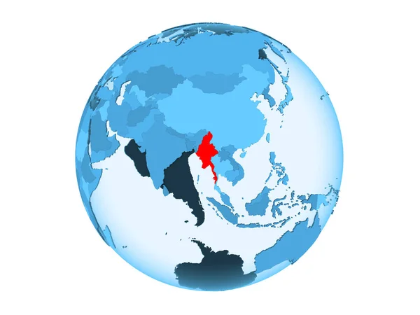 Myanmar Highlighted Red Blue Political Globe Transparent Oceans Illustration Isolated — Stock Photo, Image