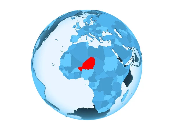 尼日尔以红色在蓝色的政治地球上突出显示了透明的海洋 在白色背景上隔离的插图 — 图库照片