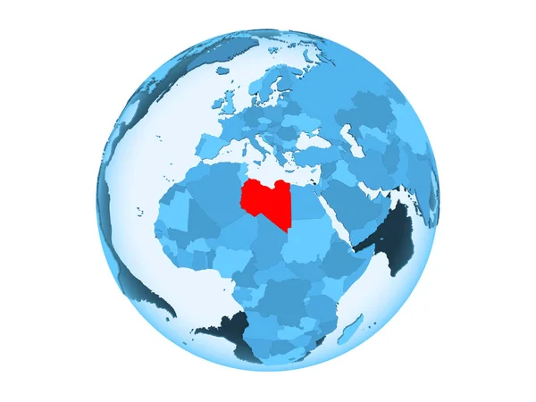 Líbia Pirossal Kék Politikai Földgömb Átlátható Óceánok Illusztráció Elszigetelt Fehér — Stock Fotó