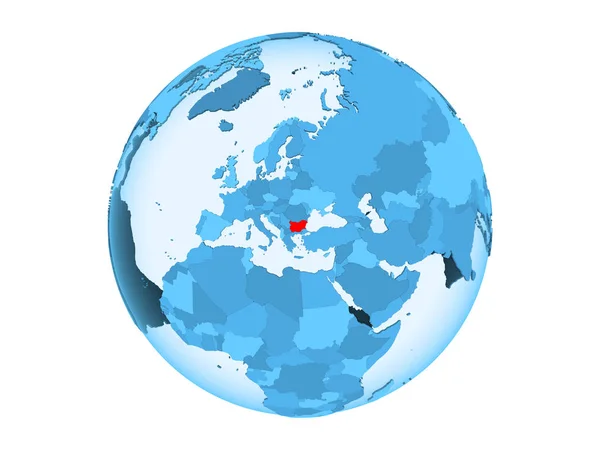 保加利亚以红色在蓝色的政治世界上以透明的海洋突出显示 在白色背景上隔离的插图 — 图库照片