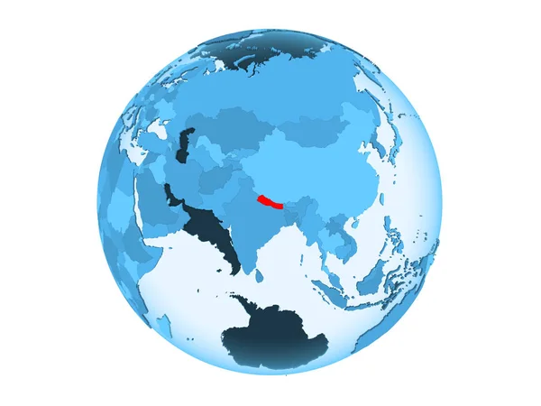Непал Виділено Червоним Кольором Синій Політичних Глобусом Допомогою Прозорих Океанів — стокове фото