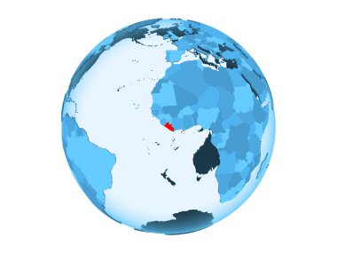 Liberya kırmızı şeffaf okyanuslar ile mavi siyasi dünya üzerinde vurgulanır. 3d illüstrasyon izole beyaz arka plan üzerinde.