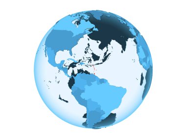 Karayipler kırmızı şeffaf okyanuslar ile mavi siyasi dünya üzerinde vurgulanır. 3d illüstrasyon izole beyaz arka plan üzerinde.