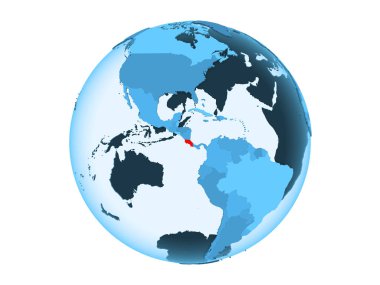 Kosta Rika kırmızı şeffaf okyanuslar ile mavi siyasi dünya üzerinde vurgulanır. 3d illüstrasyon izole beyaz arka plan üzerinde.