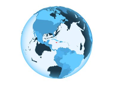 Jamaika kırmızı şeffaf okyanuslar ile mavi siyasi dünya üzerinde vurgulanır. 3d illüstrasyon izole beyaz arka plan üzerinde.