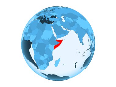 Somali kırmızı şeffaf okyanuslar ile mavi siyasi dünya üzerinde vurgulanır. 3d illüstrasyon izole beyaz arka plan üzerinde.