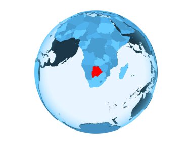 Botsvana kırmızı şeffaf okyanuslar ile mavi siyasi dünya üzerinde vurgulanır. 3d illüstrasyon izole beyaz arka plan üzerinde.