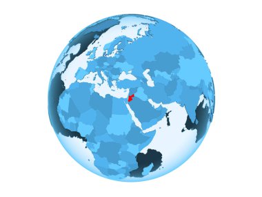 Jordan kırmızı şeffaf okyanuslar ile mavi siyasi dünya üzerinde vurgulanır. 3d illüstrasyon izole beyaz arka plan üzerinde.