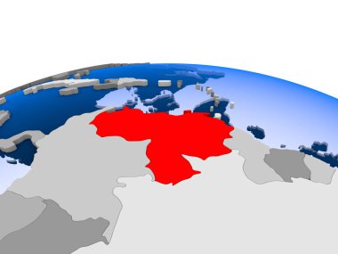 Venezuela kırmızı şeffaf okyanuslar ile siyasi dünya üzerinde vurgulanır. 3D çizim.