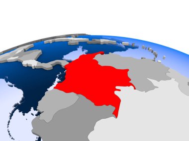 Kolombiya kırmızı şeffaf okyanuslar ile siyasi dünya üzerinde vurgulanır. 3D çizim.