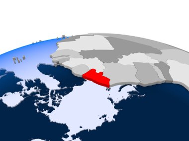 Liberya kırmızı şeffaf okyanuslar ile siyasi dünya üzerinde vurgulanır. 3D çizim.