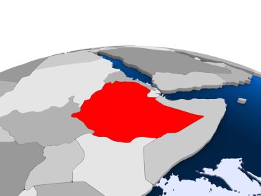 Etiyopya kırmızı şeffaf okyanuslar ile siyasi dünya üzerinde vurgulanır. 3D çizim.