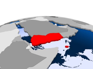 Yemen kırmızı şeffaf okyanuslar ile siyasi dünya üzerinde vurgulanır. 3D çizim.