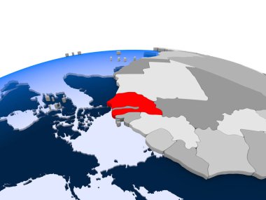 Senegal kırmızı şeffaf okyanuslar ile siyasi dünya üzerinde vurgulanır. 3D çizim.