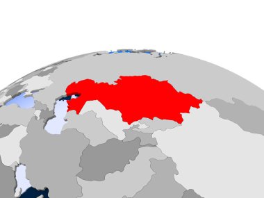 Kazakistan kırmızı şeffaf okyanuslar ile siyasi dünya üzerinde vurgulanır. 3D çizim.