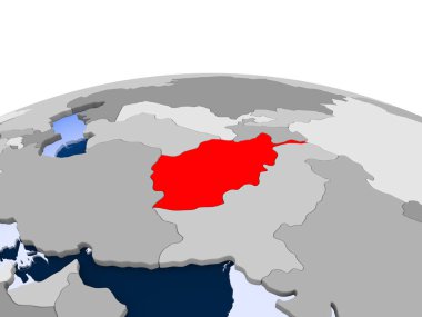 Afganistan kırmızı şeffaf okyanuslar ile siyasi dünya üzerinde vurgulanır. 3D çizim.