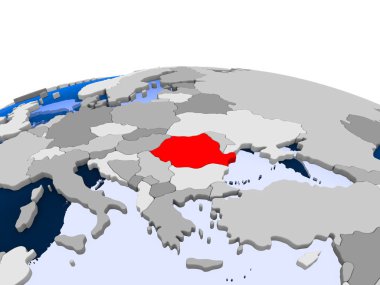 Romanya kırmızı şeffaf okyanuslar ile siyasi dünya üzerinde vurgulanır. 3D çizim.