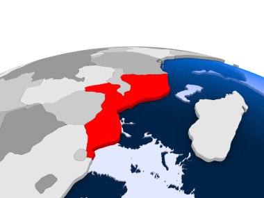 Mozambik kırmızı şeffaf okyanuslar ile siyasi dünya üzerinde vurgulanır. 3D çizim.