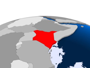 Kenya kırmızı şeffaf okyanuslar ile siyasi dünya üzerinde vurgulanır. 3D çizim.