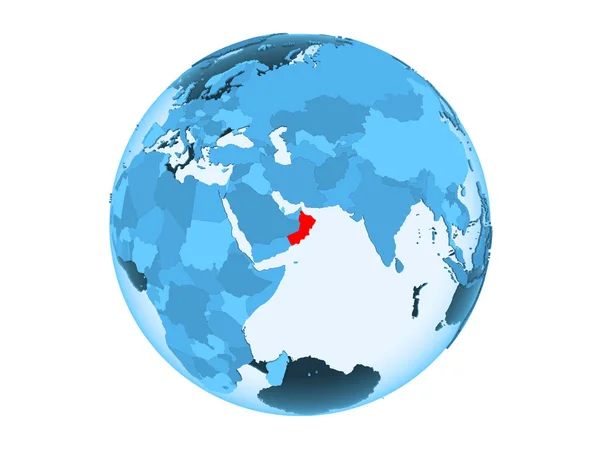 Oman Gemarkeerd Het Rood Blauwe Politieke Wereldbol Met Transparante Oceanen — Stockfoto