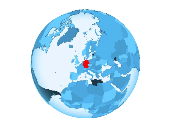 德国以红色在蓝色政治地球突出了以透明的海洋 在白色背景上隔离的插图 — 图库照片