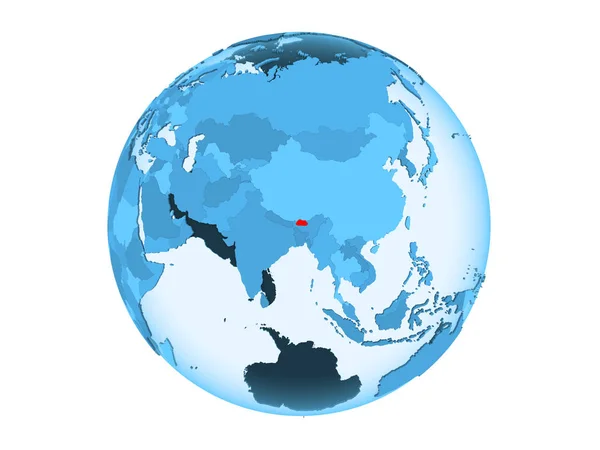 不丹以红色在蓝色政治地球上以透明的海洋突出显示 在白色背景上隔离的插图 — 图库照片