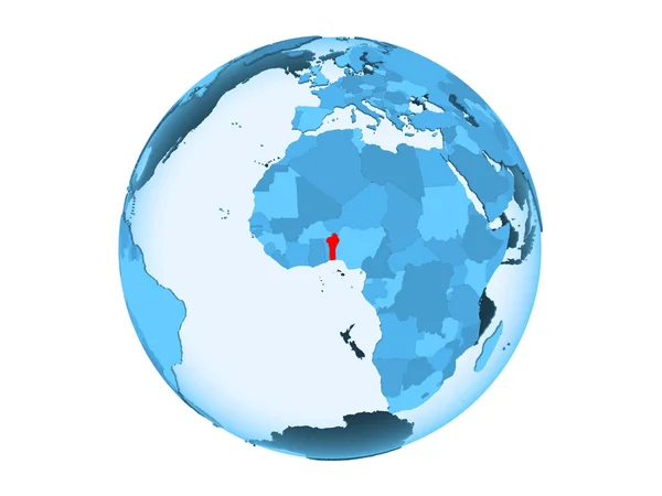 Benin Rot Hervorgehoben Auf Blauem Politischem Globus Mit Transparenten Ozeanen — Stockfoto