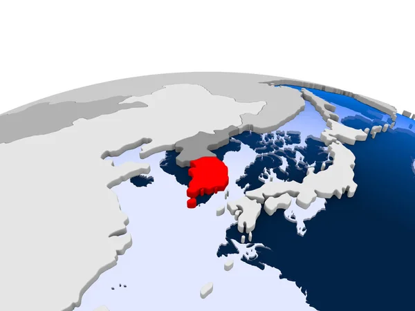 韩国以红色在政治世界上以透明的海洋突出显示 — 图库照片