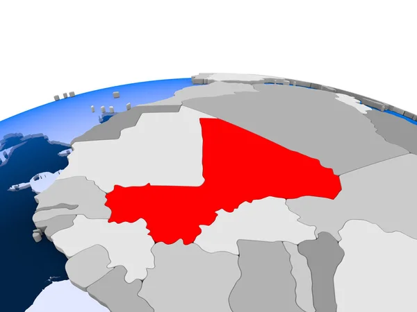 马里以红色在政治世界上以透明的海洋突出显示 — 图库照片