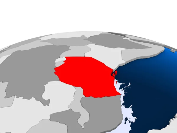 Tanzania Zaznaczone Czerwono Globus Polityczny Przezroczystym Oceanów Ilustracja — Zdjęcie stockowe