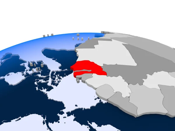 Сенегал Выделил Красный Цвет Политическом Глобусе Прозрачными Океанами Иллюстрация — стоковое фото