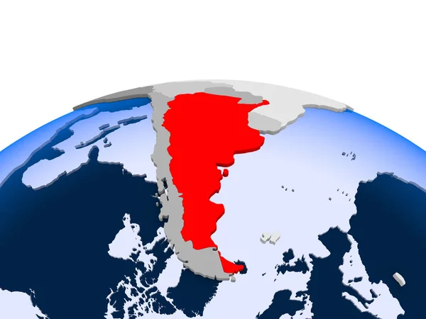 阿根廷以红色在政治世界上以透明的海洋突出显示 — 图库照片