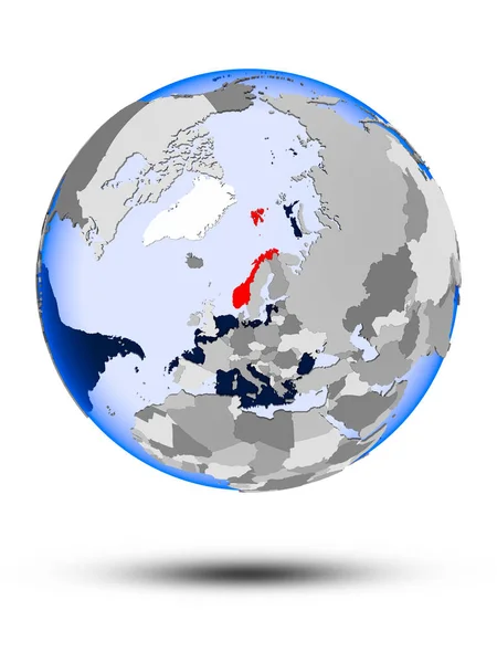 Noorwegen Politieke Wereldbol Met Schaduw Doorschijnend Oceanen Geïsoleerd Een Witte — Stockfoto