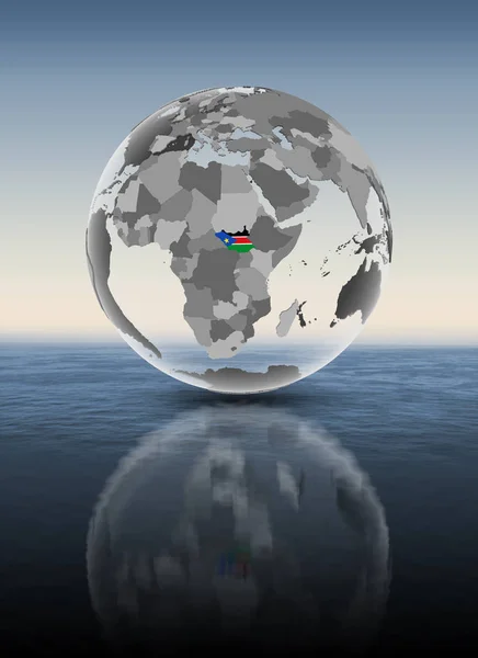 Södra Sudan Med Flagga Genomskinlig Världen Ovanför Vattenytan Illustration — Stockfoto