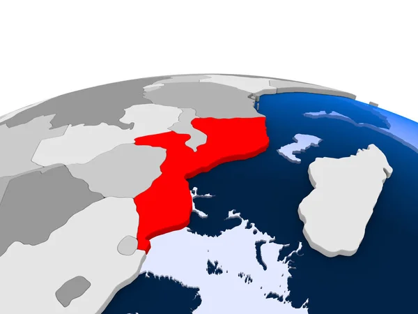 Мозамбик Выделен Красным Политическом Глобусе Прозрачными Океанами Иллюстрация — стоковое фото