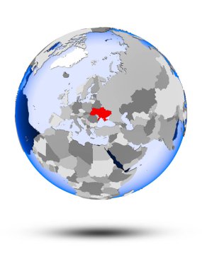 Ukrayna ile gölge ve yarı saydam okyanus beyaz arka plan üzerinde izole siyasi dünya üzerinde. 3D çizim.