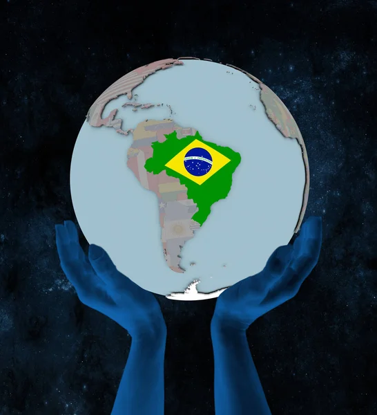 Brasilien Mit Fahne Auf Globus Den Händen All Illustration — Stockfoto