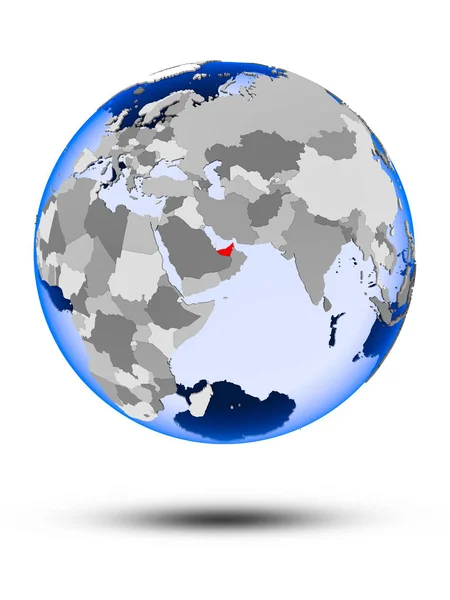 Объединенные Арабские Эмираты Политическом Глобусе Тенью Прозрачными Океанами Изолированы Белом — стоковое фото